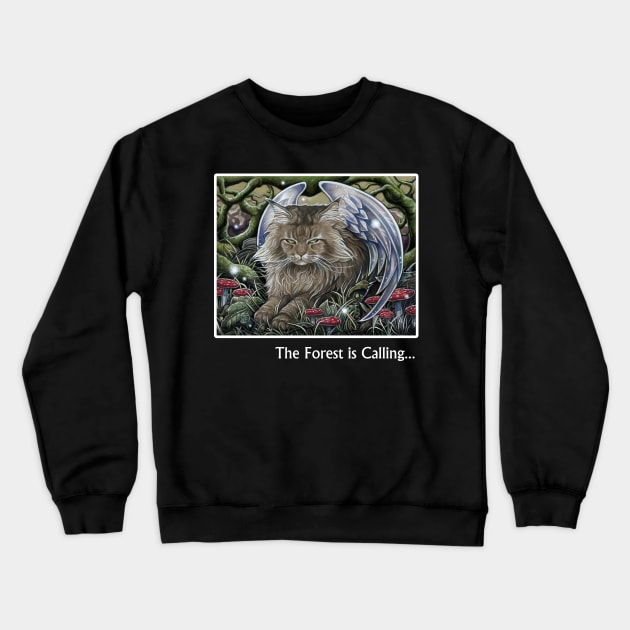 Cat Forest Spirit - The Forest is Calling - White Outlined Version Crewneck Sweatshirt by Nat Ewert Art